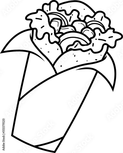 Outlined Cartoon Mexican Burrito Food With Vegetables And Tortilla. Vector Hand Drawn Illustration Isolated On White Background