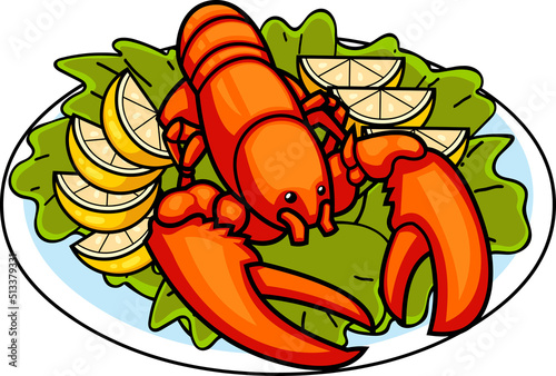 Cartoon Whole Red Boiled Lobster On Dish Over Leaf Salad And Lemon Slices. Vector Hand Drawn Illustration Isolated On White Background