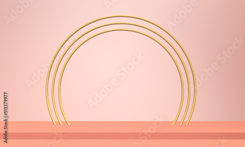 Abstract podium stage with golden arch. 3d rendering background. Light pink walls. Shiny golden circle.