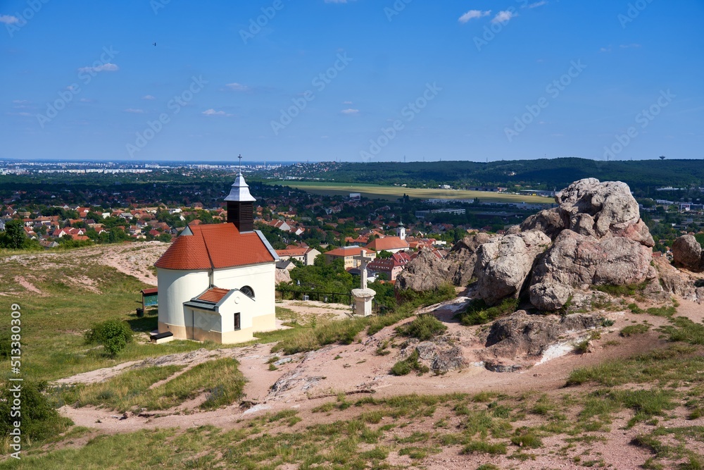 Small chapel on the top of the hill (called Kõ-hegy), Budaörs, Hungary. Famous and popular tourist attraction and perfect hiking place overlooking the stunning panoramic views.