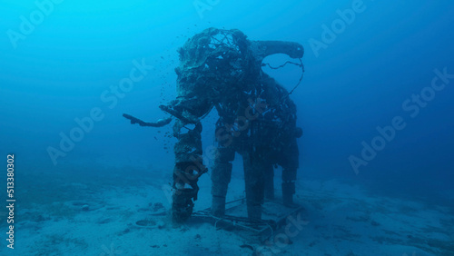 Sculpture of an elephant on the seabed. Lighthouse dive site, Red Sea, Dahab, Egypt