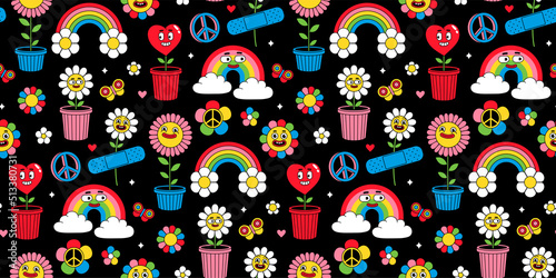 Groovy cartoon seamless pattern. Funny happy Earth, Peace, Love, rainbow, heart, flower, daisy. Vector background in trendy retro cartoon style. Hippie 60s, 70s style. Flower power.