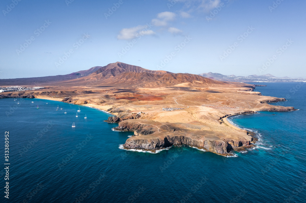aerial view of lanzarote island with steep coast and mountains