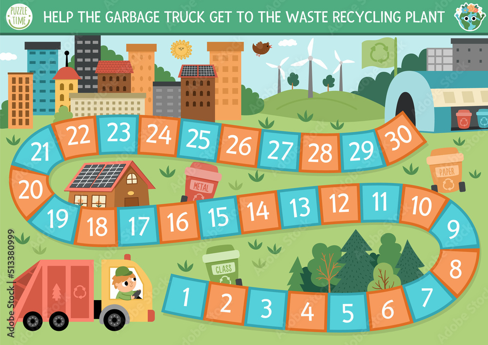 Ecological dice board game for children with garbage truck going to waste recycling plant. Earth day boardgame.  Nature protection printable worksheet. Eco awareness or zero waste activity.