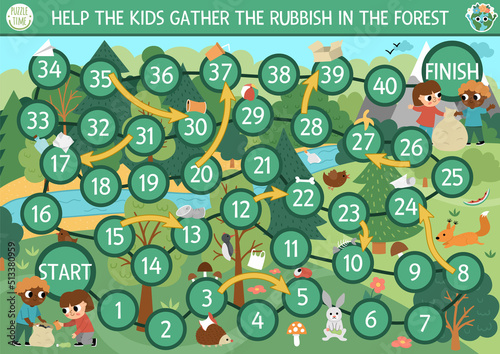 Ecological dice board game for children with kids gathering rubbish in the forest. Earth day boardgame.  Waste recycling printable activity or worksheet. Eco awareness or zero waste activity.
