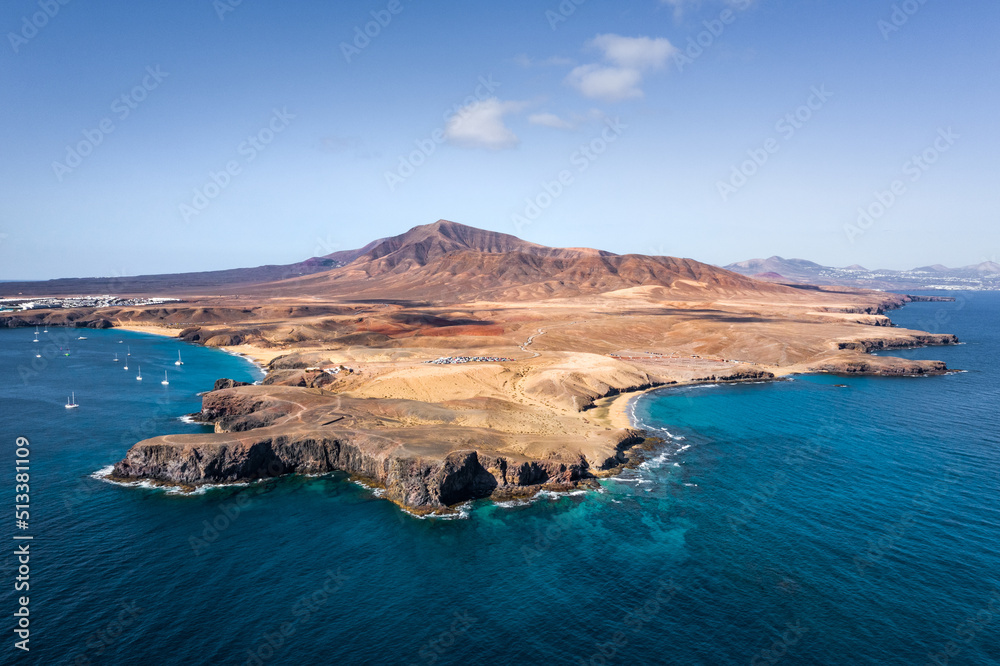 aerial view of lanzarote island with steep coast and mountains