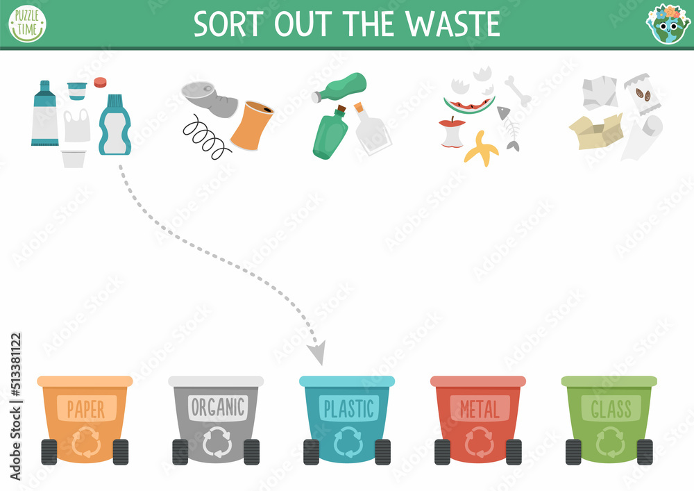 Ecological matching activity with waste sorting concept. Earth day puzzle. Printable worksheet