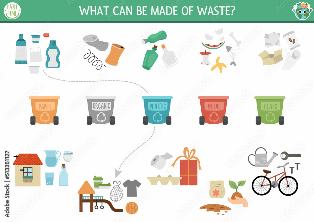 Ecological matching activity with waste sorting concept. Earth day puzzle. Printable worksheet