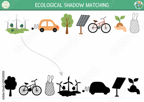 Ecological shadow matching activity with alternative energy sources and transport. Earth day puzzle. Find correct silhouette printable worksheet or game. Eco awareness page for kids.