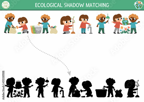 Ecological shadow matching activity with kids caring of environment. Earth day puzzle. Find correct silhouette printable worksheet or game. Eco awareness page for kids.