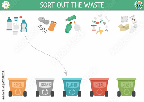 Ecological matching activity with waste sorting concept. Earth day puzzle. Printable worksheet or game. Sort out the waste. Eco awareness page for kids with rubbish bins.