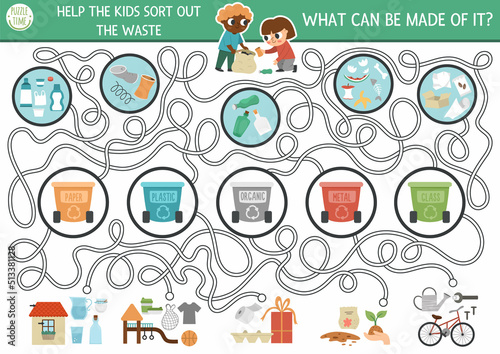 Ecological maze for children with kids sorting out the rubbish. Earth day preschool activity. Zero waste labyrinth game with garbage recycling concept. What can be made of waste?.