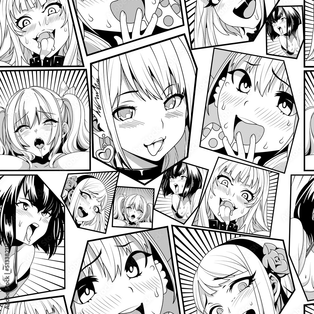 Black vector seamless pattern with ahegao face emotion, illustration manga set. Hand-drawn art for t-shirts, helmets, cars, and wallpapers. concept graphic design element. Isolated on white background - obrazy, fototapety, plakaty 