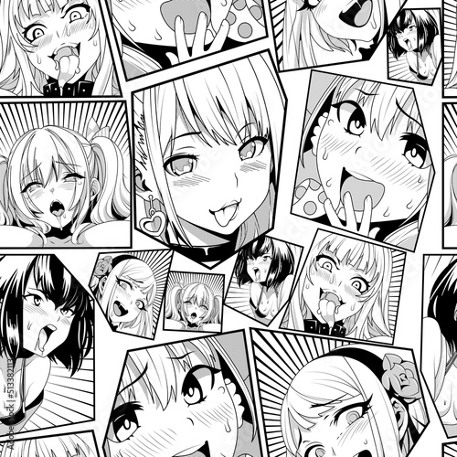 Black vector seamless pattern with ahegao face emotion, illustration manga set. Hand-drawn art for t-shirts, helmets, cars, and wallpapers. concept graphic design element. Isolated on white background photo