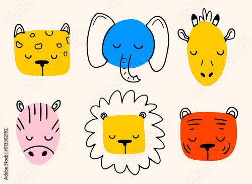 Hand drawn doodle animal heads on white background. Modern colorful animal faces for decoration. Journal doodle. Lion, elephant, tiger, zebra, giraffe, cheetah.