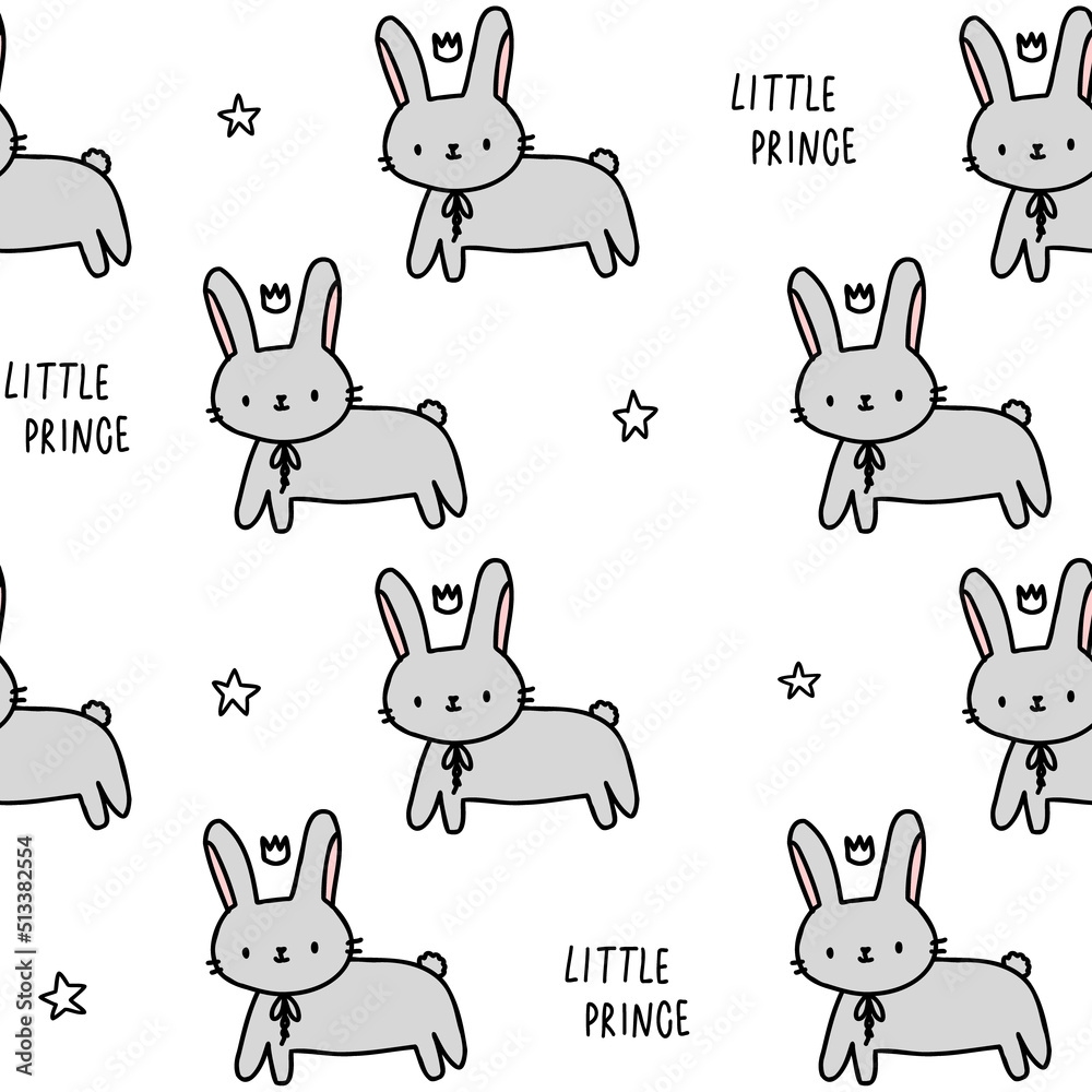 Fototapeta premium Cute pattern with rabbit, stars, crown line doodle. Seamless background bunny. Textiles for children. Minimalism paper scrapbook for kids.