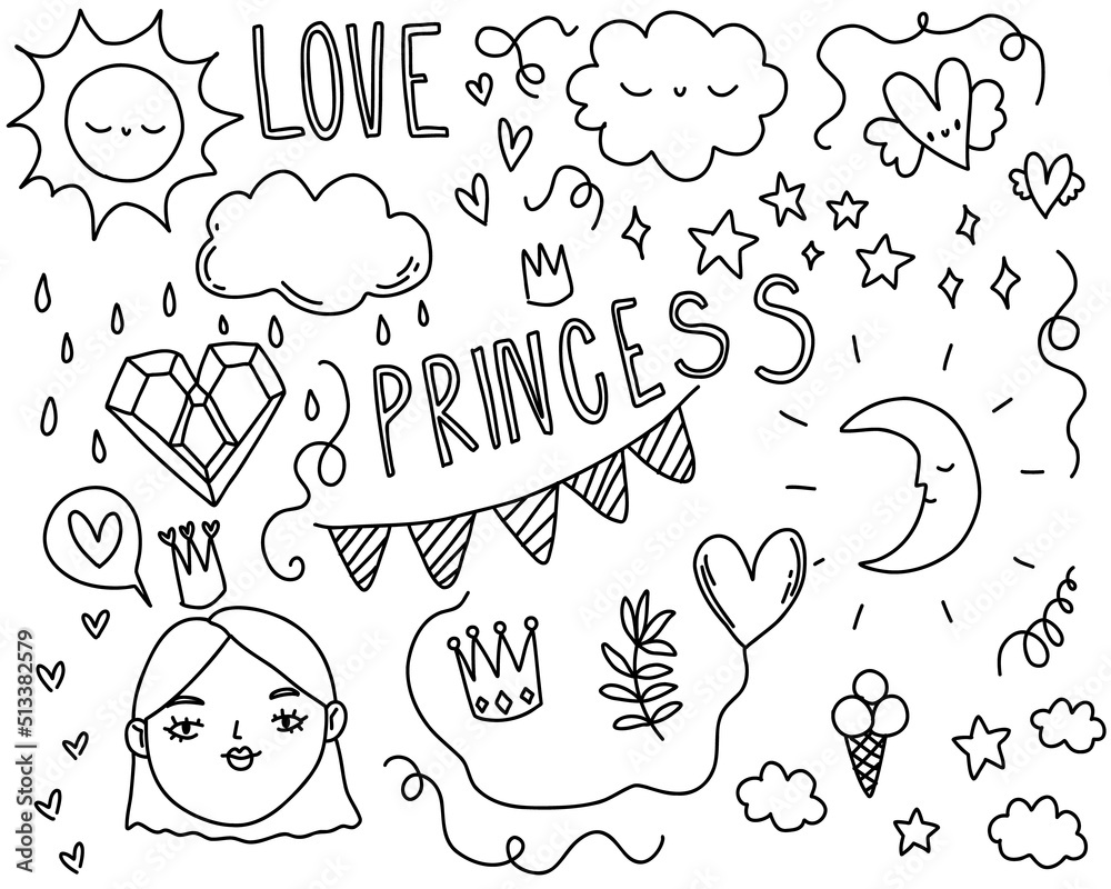 Doodle line princess cute elements. Sketch set scribble isolated line collection.