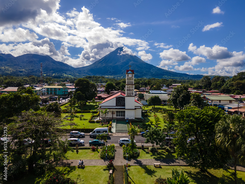 Beautiful aerial view of San Carlos La Fortuna Town - Arenal Volcano la Fortuna Church in Costa Rica