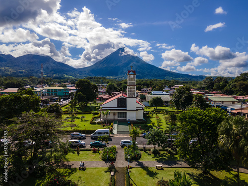Beautiful aerial view of San Carlos La Fortuna Town - Arenal Volcano la Fortuna Church in Costa Rica photo
