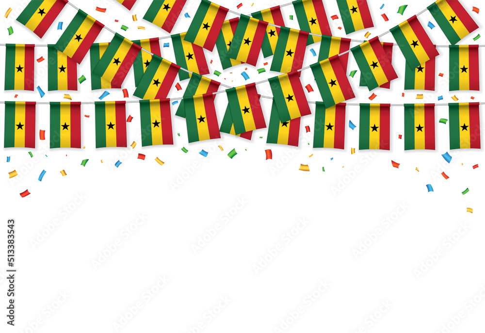 Ghana flags garland white background with confetti, Hang bunting for Ghanaian independence Day celebration template banner, Vector illustration