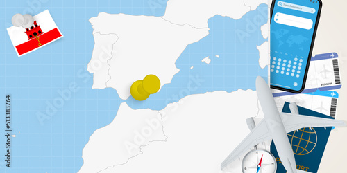 Travel to Gibraltar concept, map with pin on map of Gibraltar. Vacation preparation map, flag, passport and tickets.