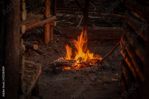 Orange campfire with hot flames in wooden garden under rock in deep dry forest