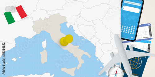 Travel to Italy concept, map with pin on map of Italy. Vacation preparation map, flag, passport and tickets.