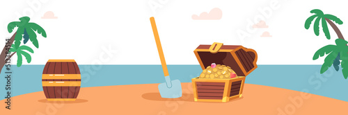 Pirate Loot in Treasure Chest, Barrel with Rum and Shovel Stuck in Sand on Tropical Island. Cartoon Background with Sea