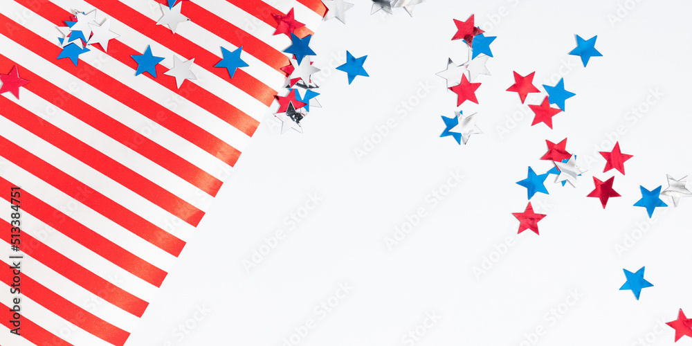 Obraz premium 4th of July American Independence Day. Happy Independence Day, decorations on white background. Flat lay, top view, copy space