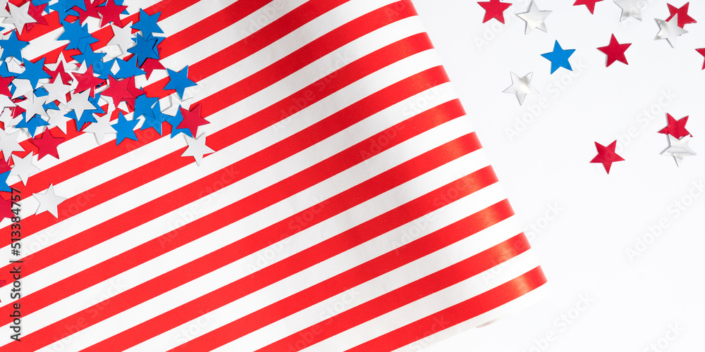 Obraz premium 4th of July American Independence Day. Happy Independence Day, decorations on white background. Flat lay, top view, copy space