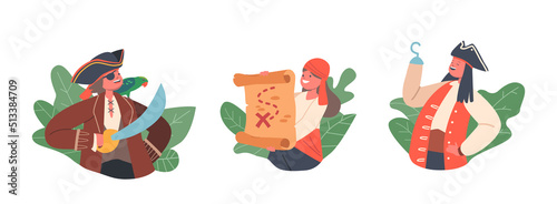 Children Pirates Avatars or Isolated Icons. Funny Kids in Traditional Costumes, Captain with Parrot, Picaroon Characters