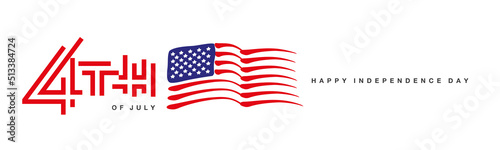 Happy 4th of July Independence Day modern abstract typography lettering with USA United States handwritten flag white background banner