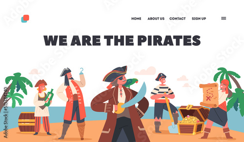Children Pirates Landing Page Template. Kids Character Wear Picaroon Costumes with Treasure Chest, Bottle with Message