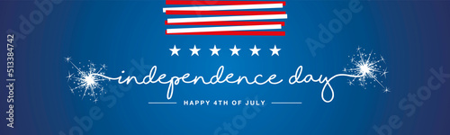 Independence day USA handwritten typography sparkle firework United States abstract red white ribbon with stars blue banner