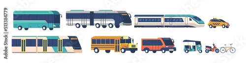Set of Public Transport Bus, Metro, Trolleybus and Train. School Bus, Scooter and Bicycle Isolated on White Background