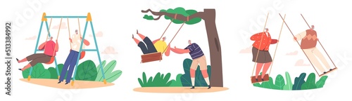 Set of Funny Senior Characters Swing, Old Man and Woman Having Outdoors Fun Swinging on Seesaw. Carefree Elderly Couple