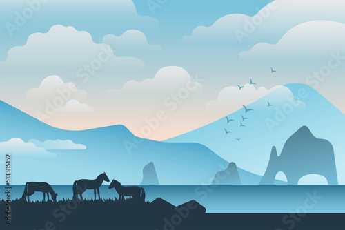 Vector illustration with mountains and horses.