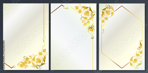 Golden and platinum luxury background. Flowers drawn with frame  geometric abstract. Floral pattern for invitations  wedding  elegant cover.