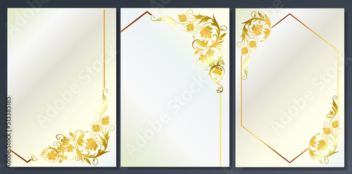 Golden and platinum luxury background. Flowers drawn with frame, geometric abstract. Floral pattern for invitations, wedding, elegant cover.