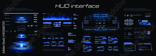 Futuristic blue HUD interface. Custom panel with blue portal hologram and object scanning feature. Virtual graphical user interface for video games