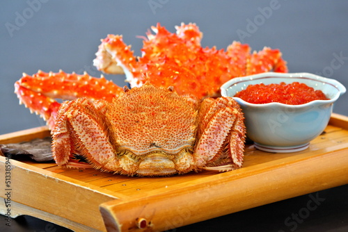 Hokkaido,Japan - June 21, 2022: Closeup of salmon caviar and Horsehair crab and King crab
 photo