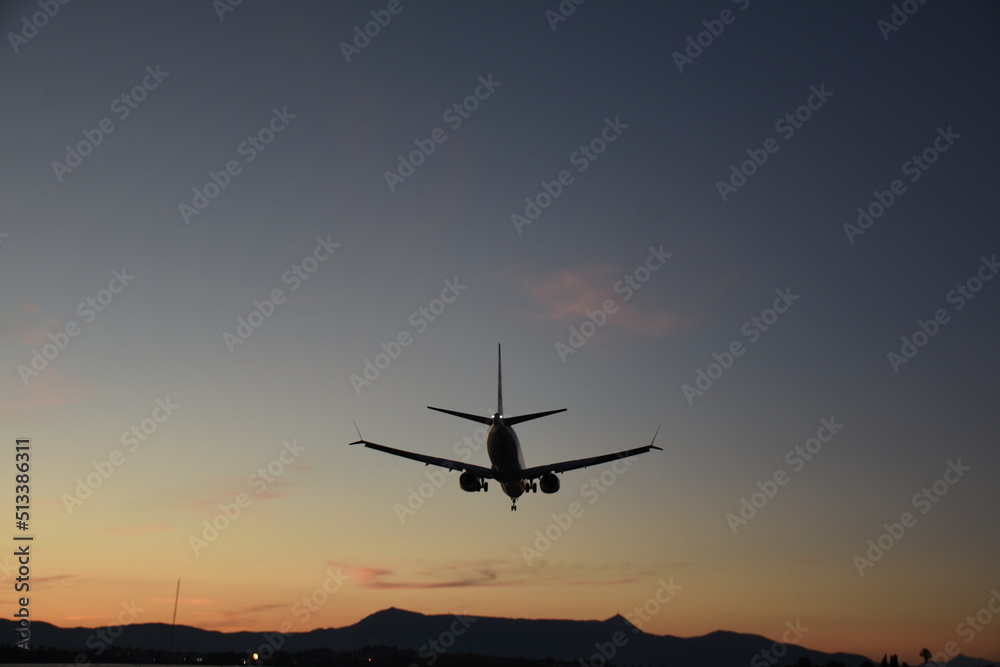 Aircraft approaching Corfu International Airport. Corfu island, Greece