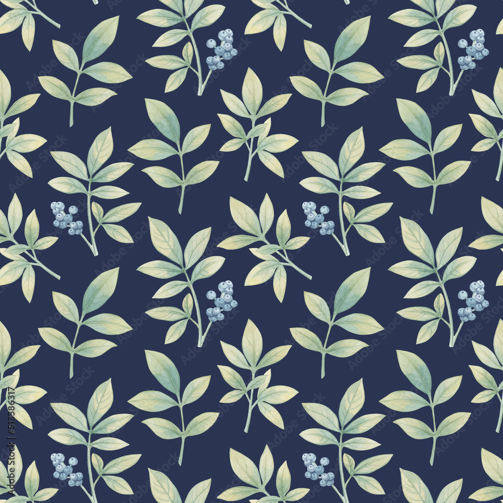 Seamless abstract pattern of leaves and berries painted in watercolor. Botanical pattern on a bright abstract background. Seamless abstract pattern of leaves and berries painted in watercolor. Botanical pattern on a bright abstract background.