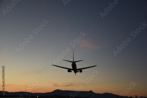 Aircraft approaching Corfu International Airport. Corfu island, Greece