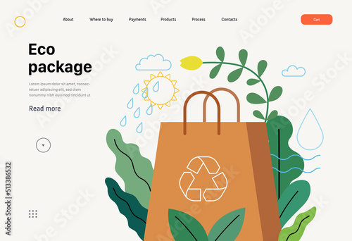 Ecology - Eco package -Modern flat vector concept illustration of a paper bag durrounded by plants, metaphor of ecological lyfestyle. Creative landing web page template