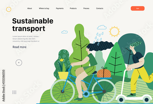 Ecology - Sustainable transport -Modern flat vector concept illustration of a young woman ridyng bycycle and a man on the scooter. Ecological transport metaphor. Creative landing web page template