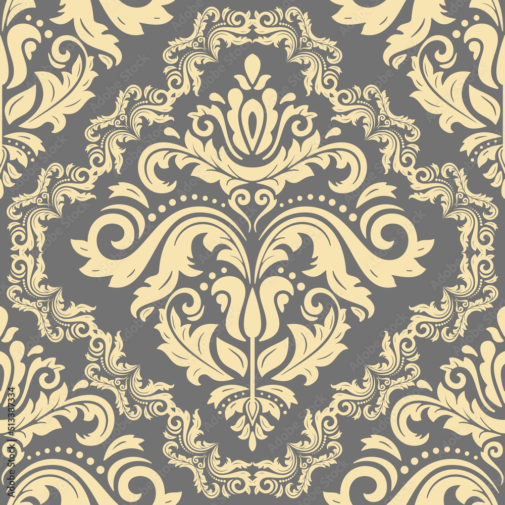 Classic seamless vector pattern. Damask orient ornament. Gray and golden vintage background. Orient pattern for fabric, wallpapers and packaging