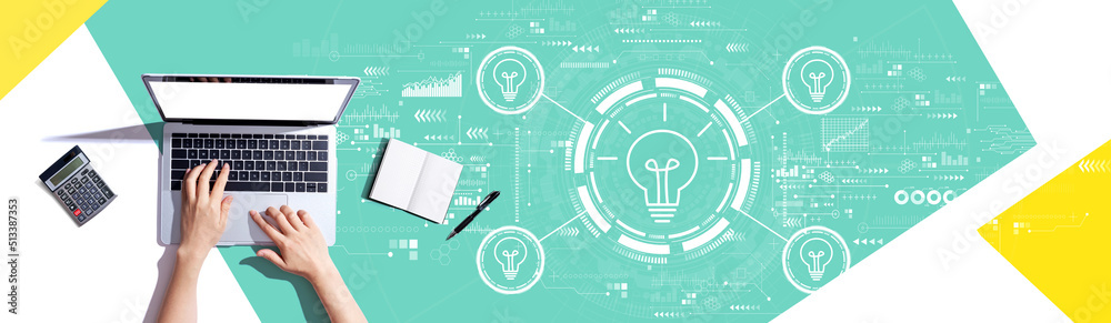Idea light bulb theme with person using a laptop computer Idea light bulb theme with person using a laptop computer