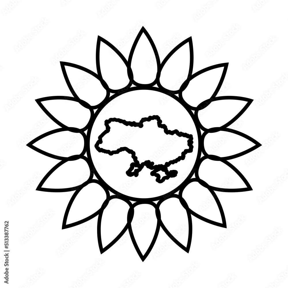 Sunflower on a white background with a map of Ukraine in the middle. The sunflower flower has become the official symbol of the Day of Remembrance of the Defenders of Ukraine. Print coloring. Sunflower on a white background with a map of Ukraine in the middle. The sunflower flower has become the official symbol of the Day of Remembrance of the Defenders of Ukraine. Print coloring.