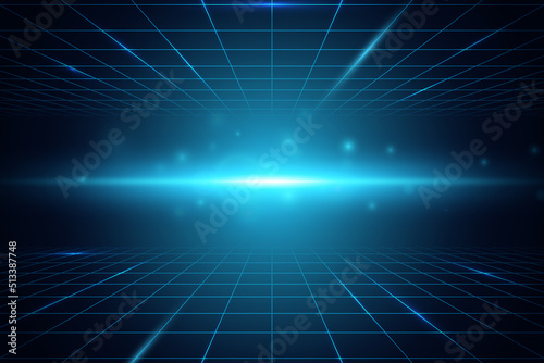 Perspective grid background. Wireframe landscape. Blue grid with particles stars dust and flare